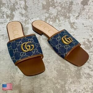 Gucci Jolie Double G Denim Logo & Cognac Leather Slides
